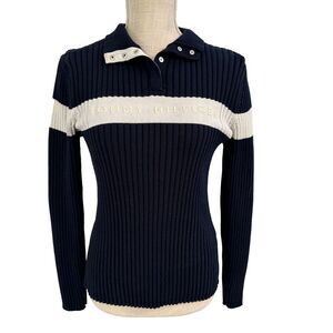 Vintage Y2K Tommy Hilfiger Spellout Logo‎ Sweater Womens Size L Navy Ribbed Snap